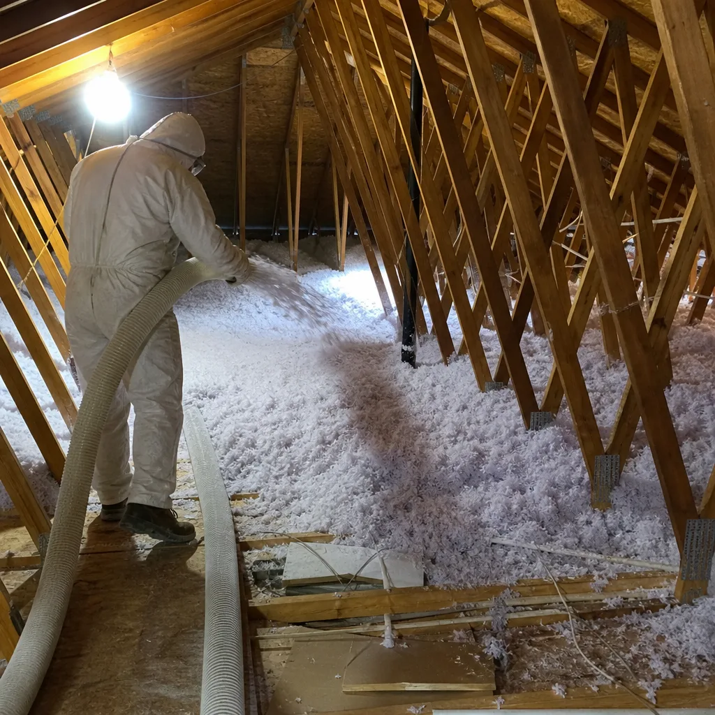 Technician installing blown-in attic insulation between wooden roof trusses