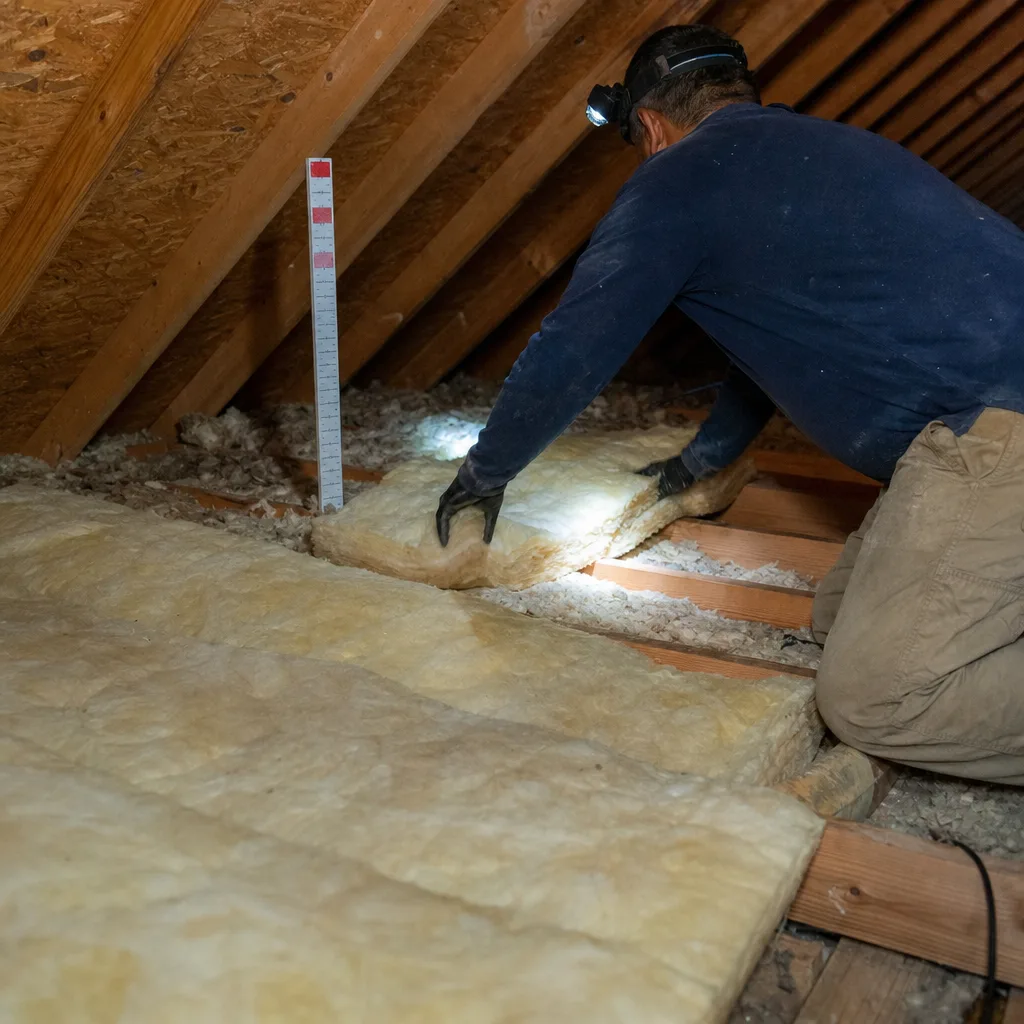 Contractor installing batt insulation in a residential attic