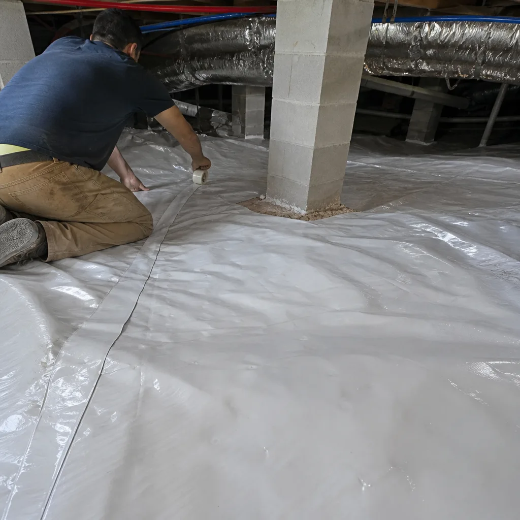 Contractor installing professional crawl space vapor barrier for moisture control