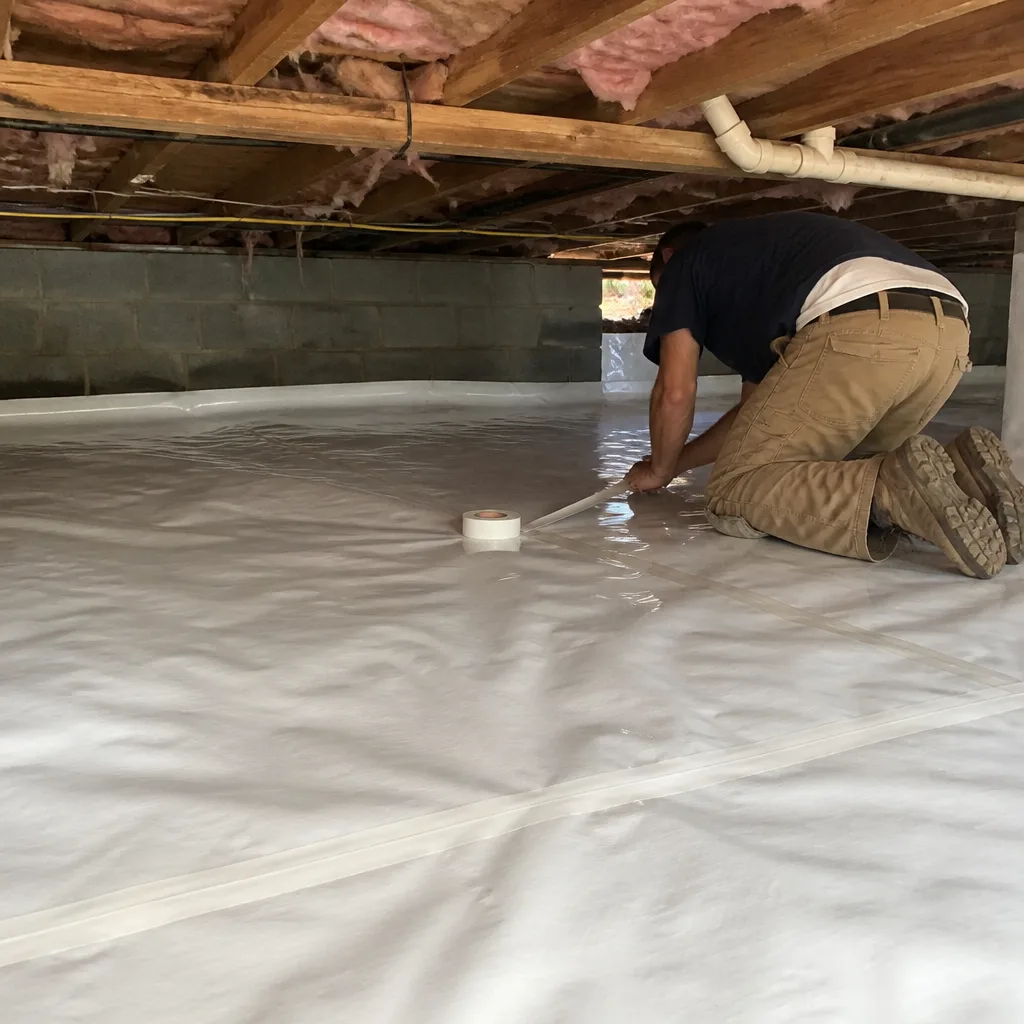 Technician installing white vapor barrier in crawl space for moisture control