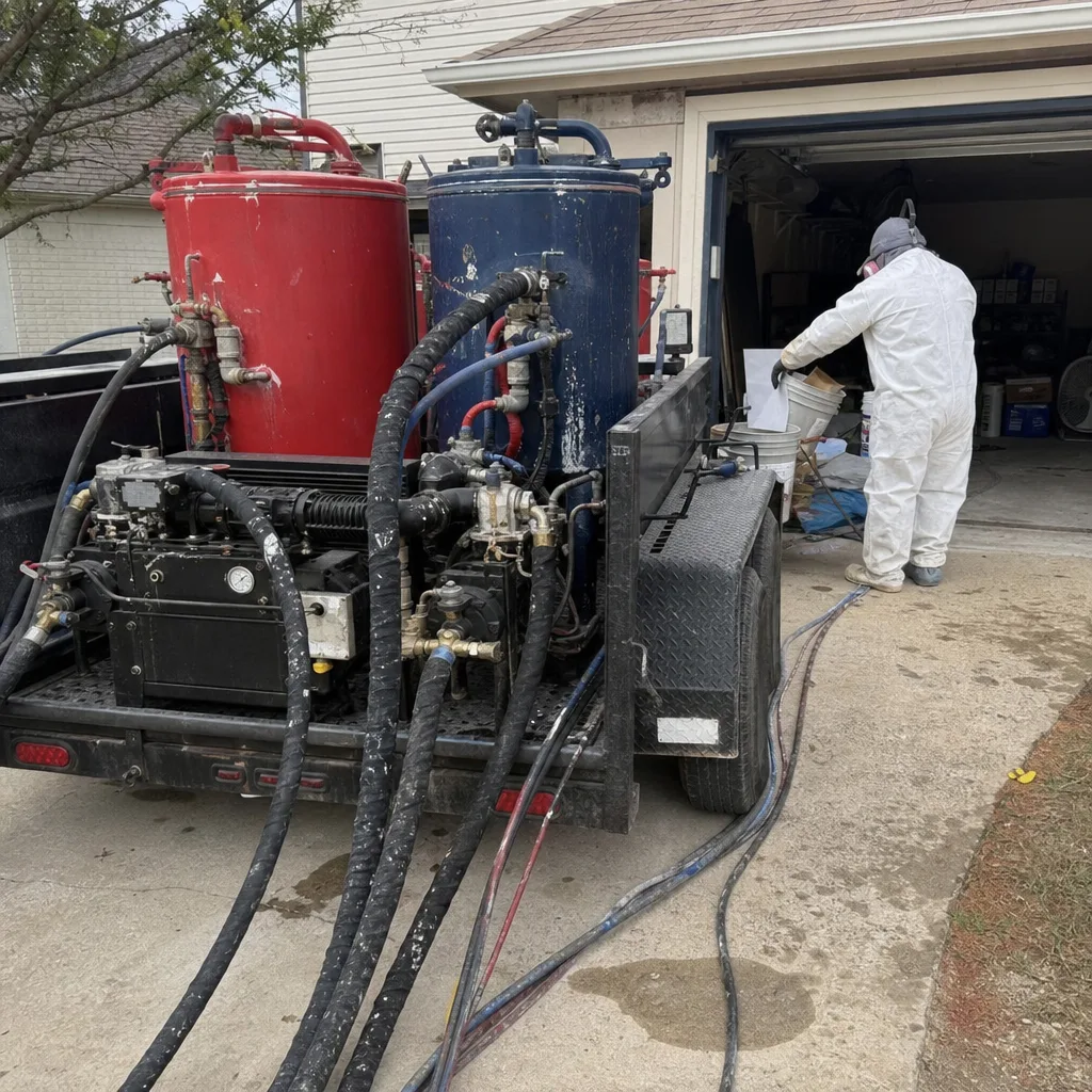 Technician using professional spray foam insulation equipment on a mobile trailer